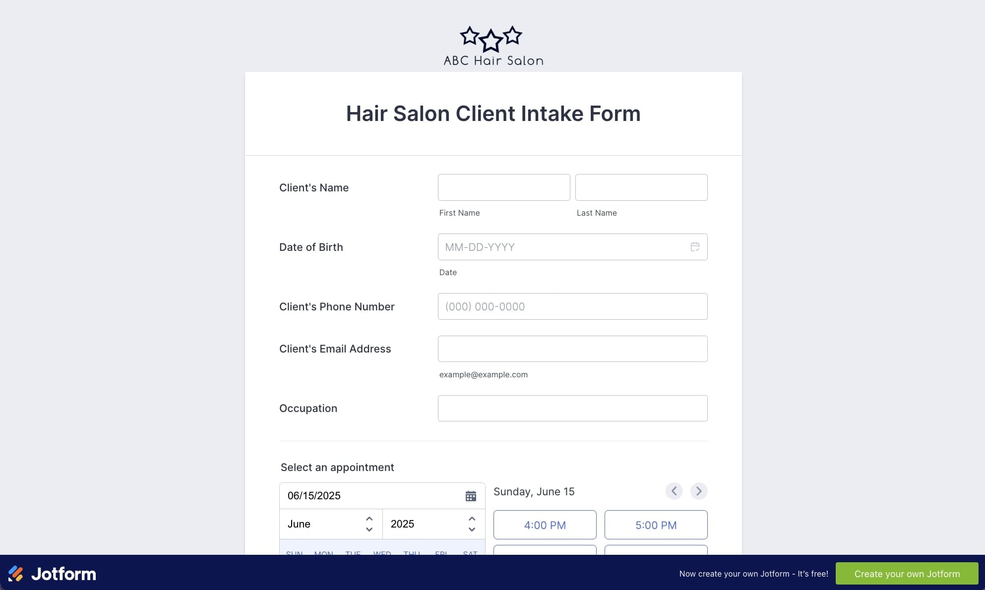 Jotform intake form